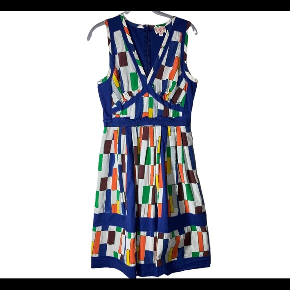 Plenty Tracy Reese Applique Frock Tiles Silk Dress With Pockets Blue White Sz 8 - Picture 3 of 11